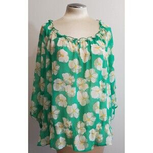 Old Navy Top XXL Green White Chiffon Floral Gathered off Shoulder Blouson Sheer